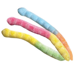 Albanese Gummi Sour Inch Worms  are a sour fruit flavored candy in blue yellow orange pink and green